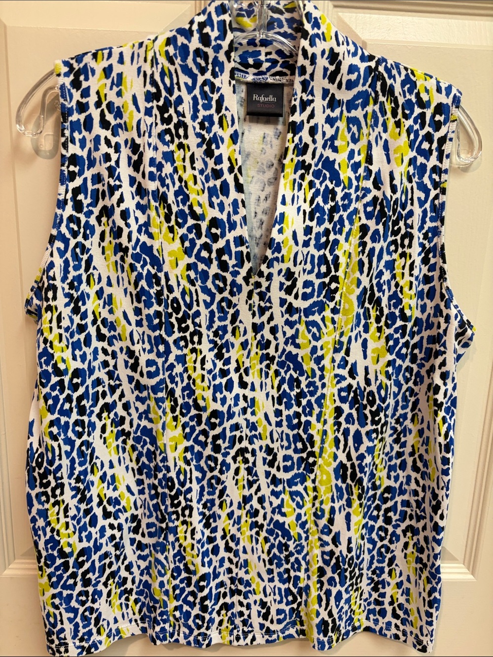 Rafaella Blue, White & Yellow Animal-Print Sleeveless V-Neck Top 100% Cotton